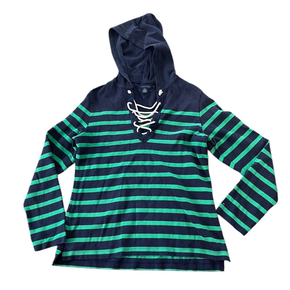 Tommy Hilfiger Womens Striped Hooded Pullover Lace-Up Front Size Large